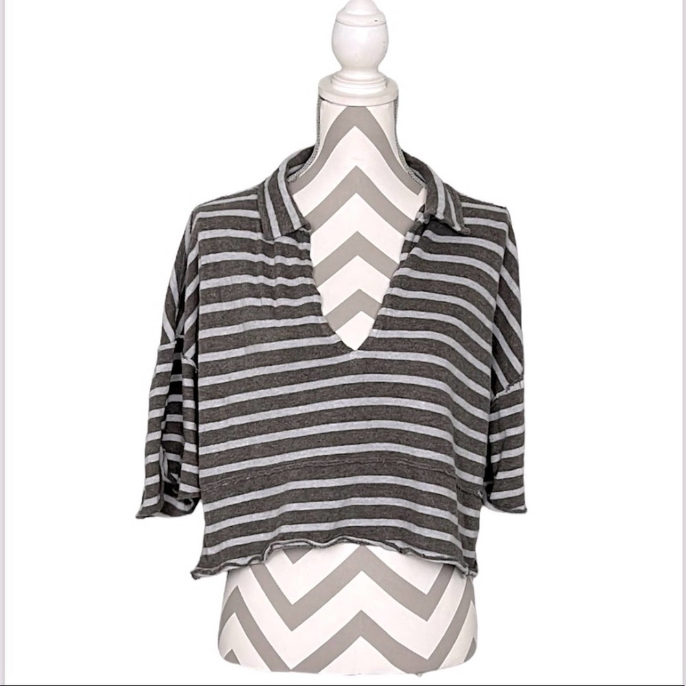 We The Free Crop top striped oversized collared v neck dark and light grey Large